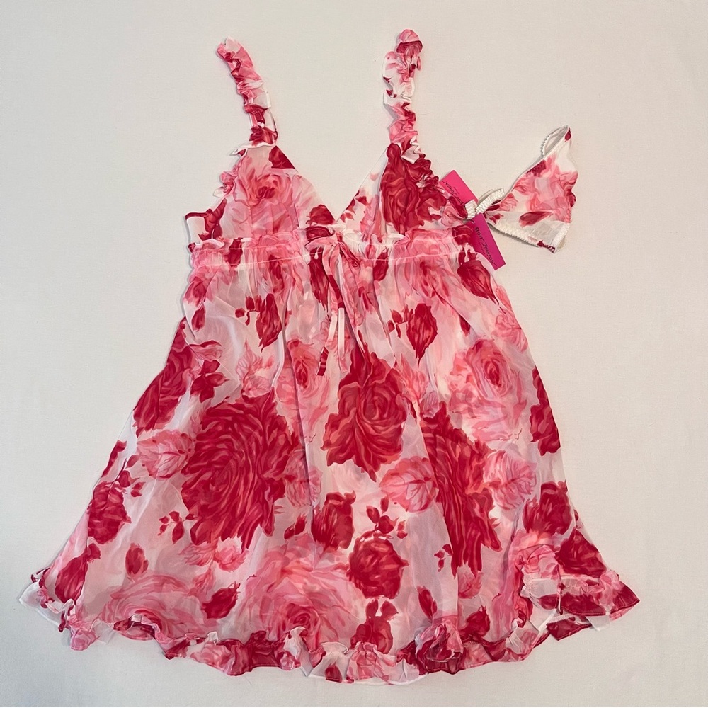 Vintage BETSEY JOHNSON Y2K Babydoll Slip Dress & Thong Set Pink Floral Lingerie